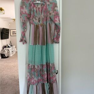 Blue and Pink Off the Shoulder Long Sleeve Sundress